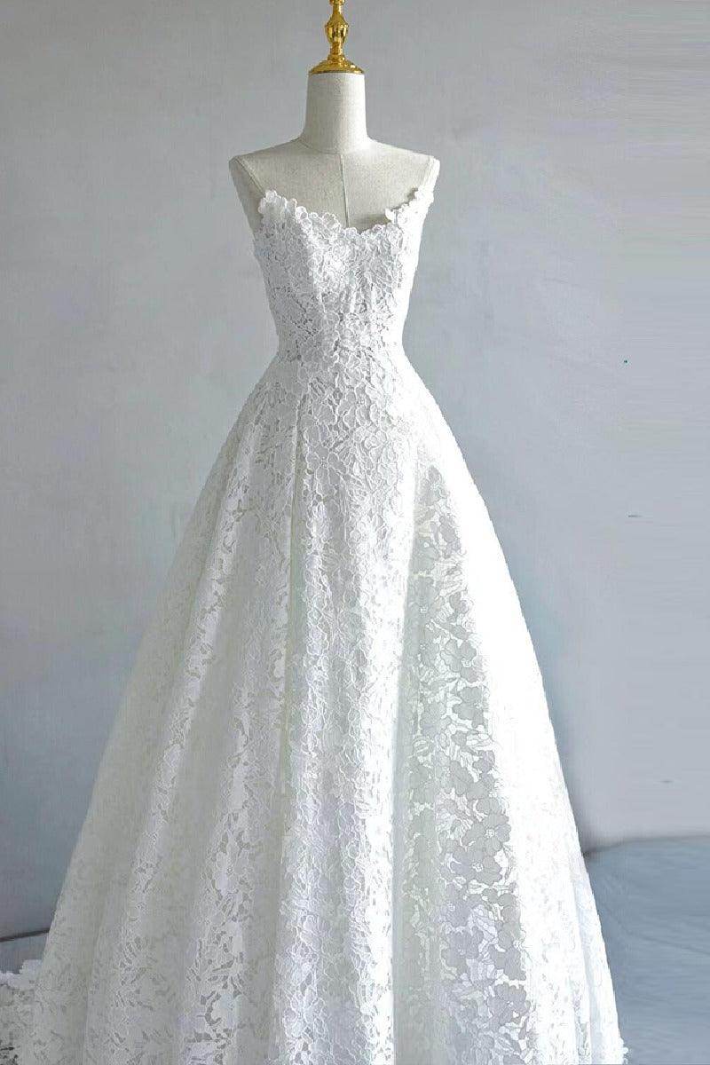 A-Line Sweep-Brush Train Lace Wedding Dress 828423890551 - COCOMELODY