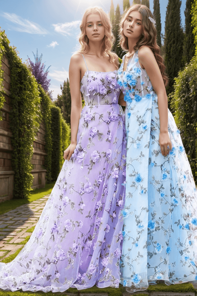 A-Line Sweep-Brush Train Print Prom Dress CS0474 - Purple - COCOMELODY
