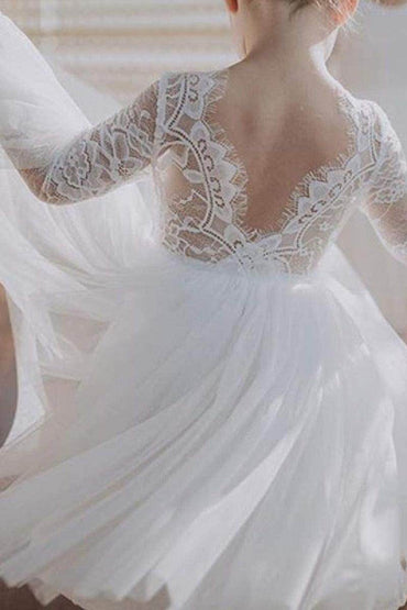 A-Line Scoop Neck Long Sleeve Lace/Tulle Flower Girl Dresses 727439275194 - COCOMELODY