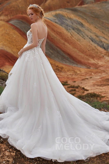 A-Line Chapel Train Tulle and Lace Wedding Dress LD5814 - COCOMELODY