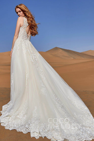 A-Line Court Train Tulle and Lace Wedding Dress LD5813 - COCOMELODY