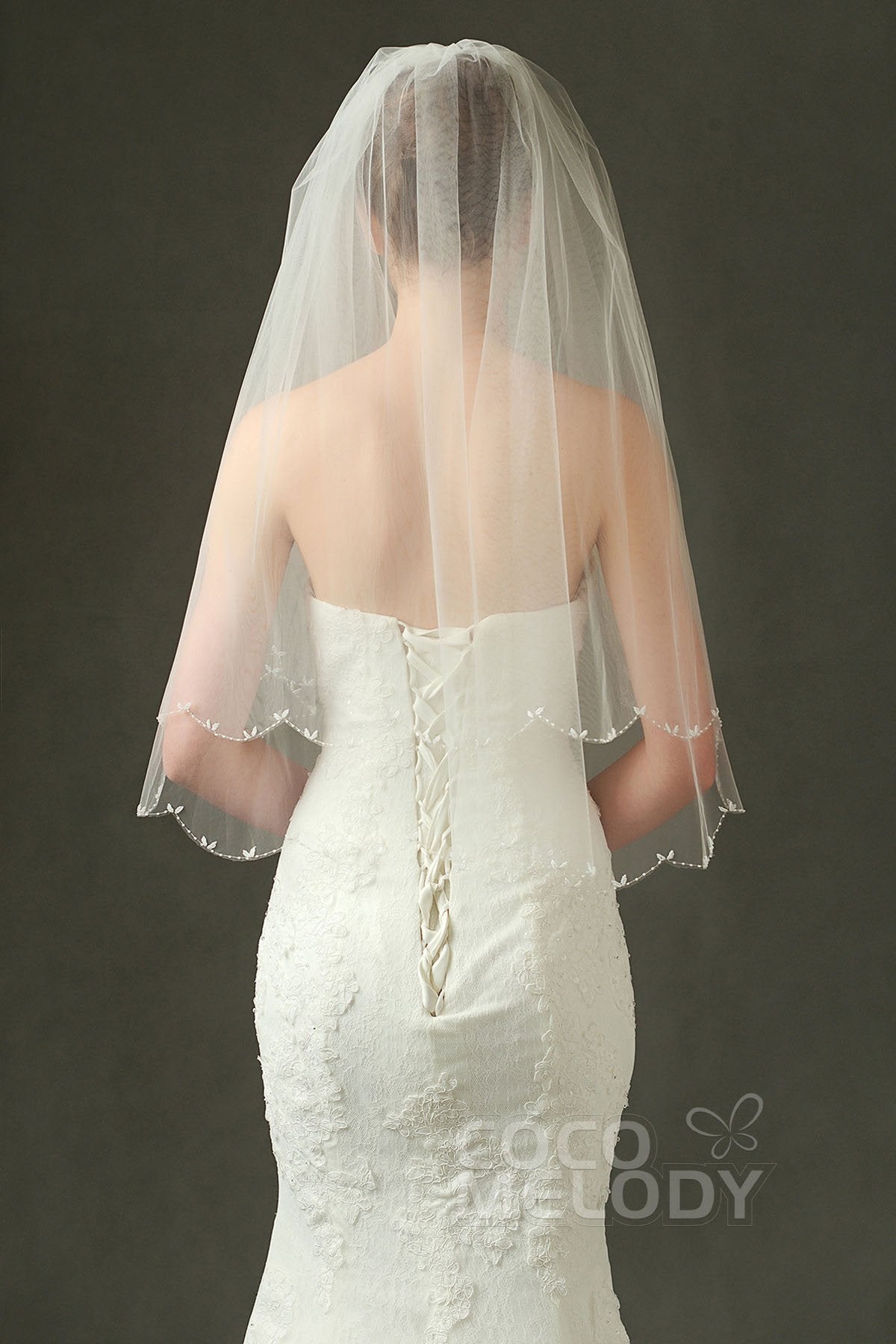 Two-tier Beaded Edge Tulle Elbow Veils with Beading AV160018