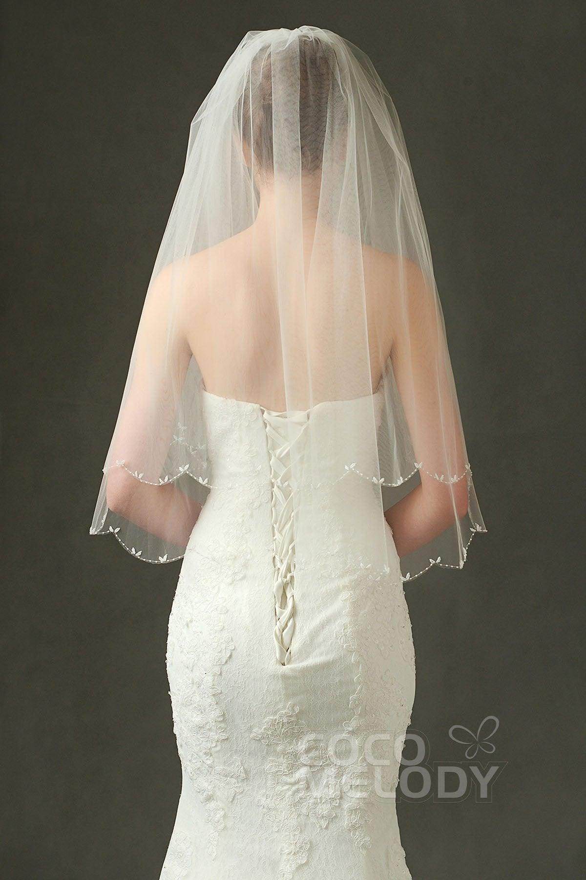 Two-tier Beaded Edge Tulle Elbow Veils with Beading AV160018 - COCOMELODY