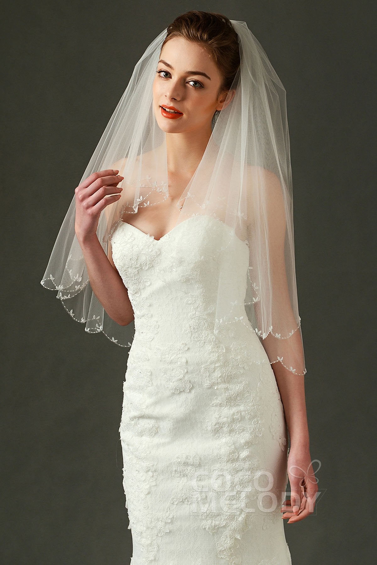 Two-tier Beaded Edge Tulle Elbow Veils with Beading AV160018