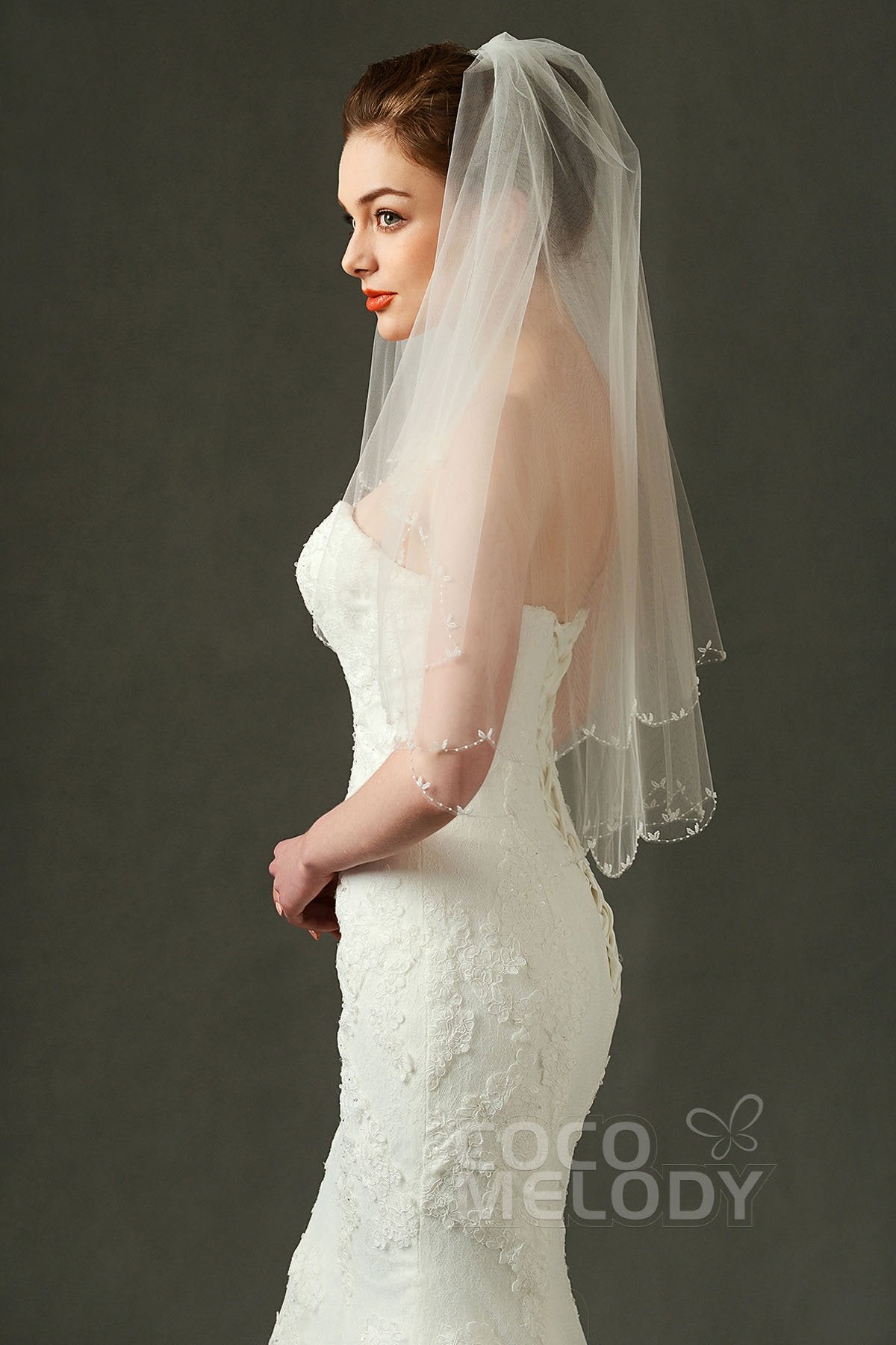 Two-tier Beaded Edge Tulle Elbow Veils with Beading AV160018