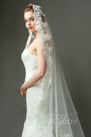 One-tier Lace Edge Tulle Chapel Veils Appliques AV160027 - COCOMELODY