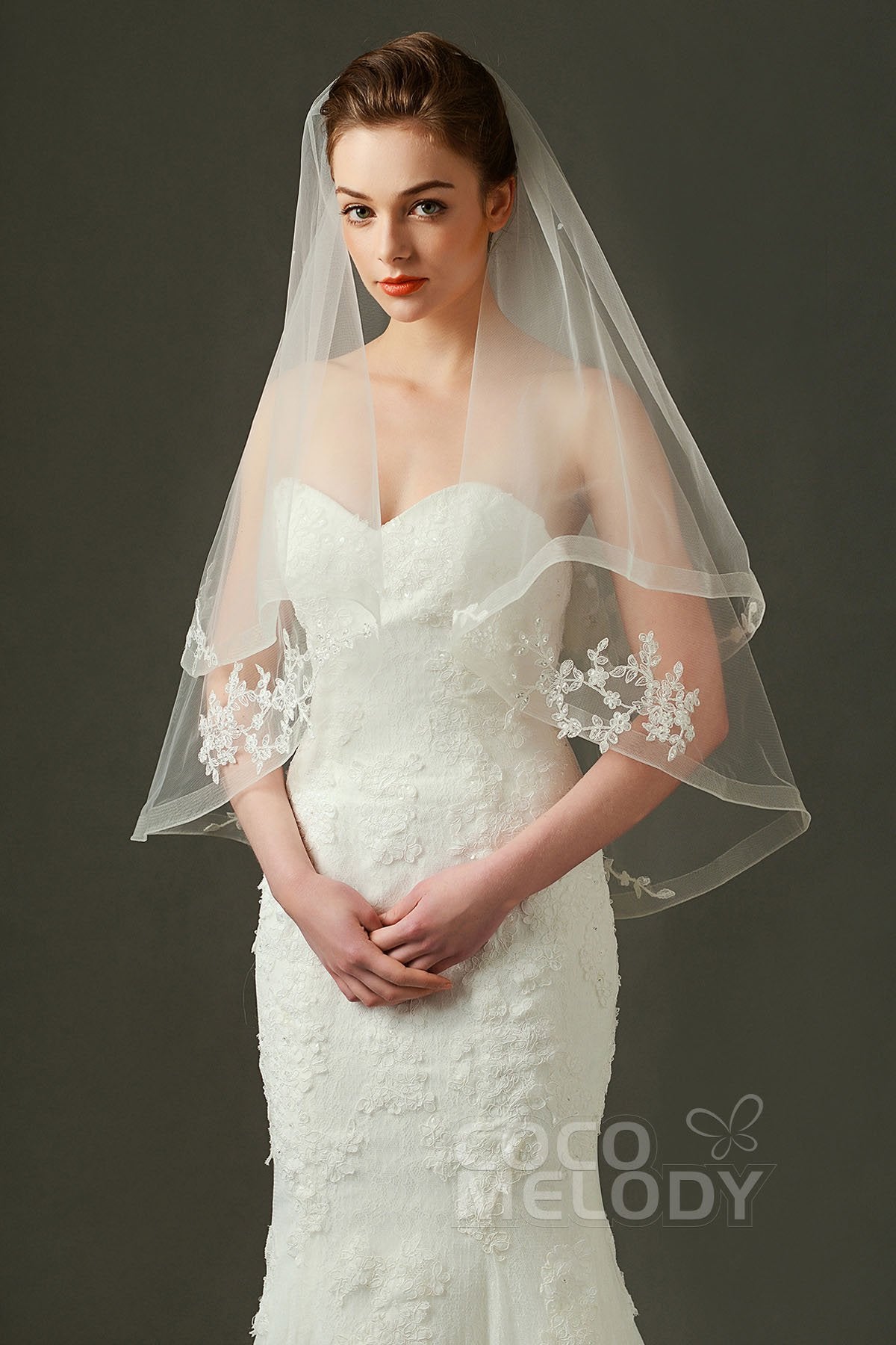 One-tier Lace Edge Tulle Hip Veils with Appliques AV160029