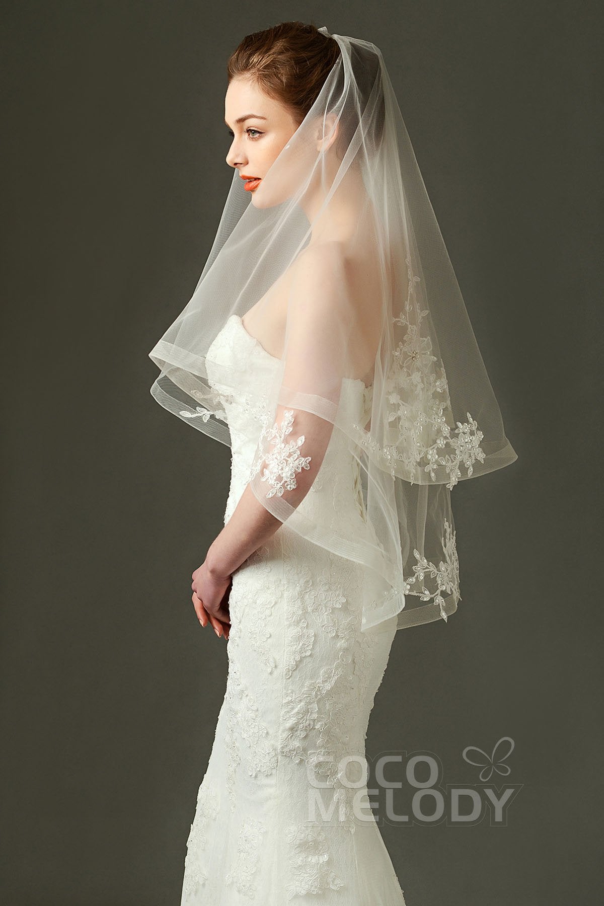 One-tier Lace Edge Tulle Hip Veils with Appliques AV160029