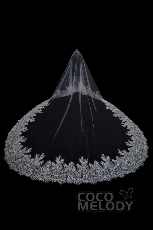 One-tier Lace Edge Tulle Cathedral Veils Appliques AV18001