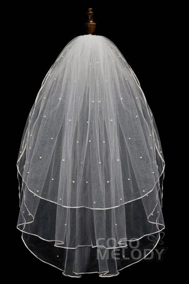 Three-tier Ribbon Edge Tulle Hip Veils with Pearls AV18009 - COCOMELODY