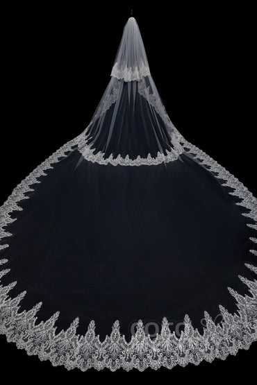 Two-tier Lace Edge Tulle Cathedral Veils Appliques AV18021