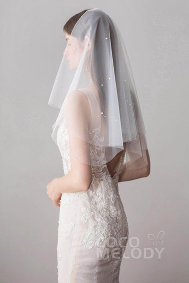 Two-tier Cut Edge Tulle Elbow Veils with Pearls AV18029 - COCOMELODY