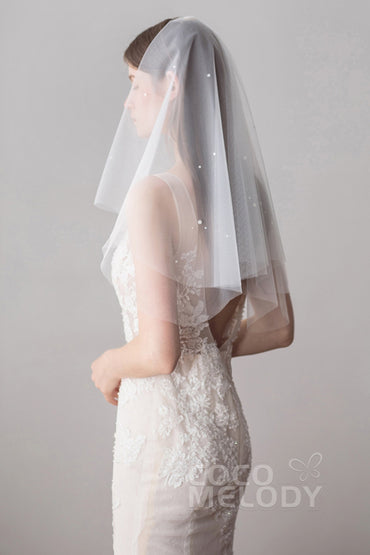 Two-tier Cut Edge Tulle Elbow Veils with Pearls AV18029