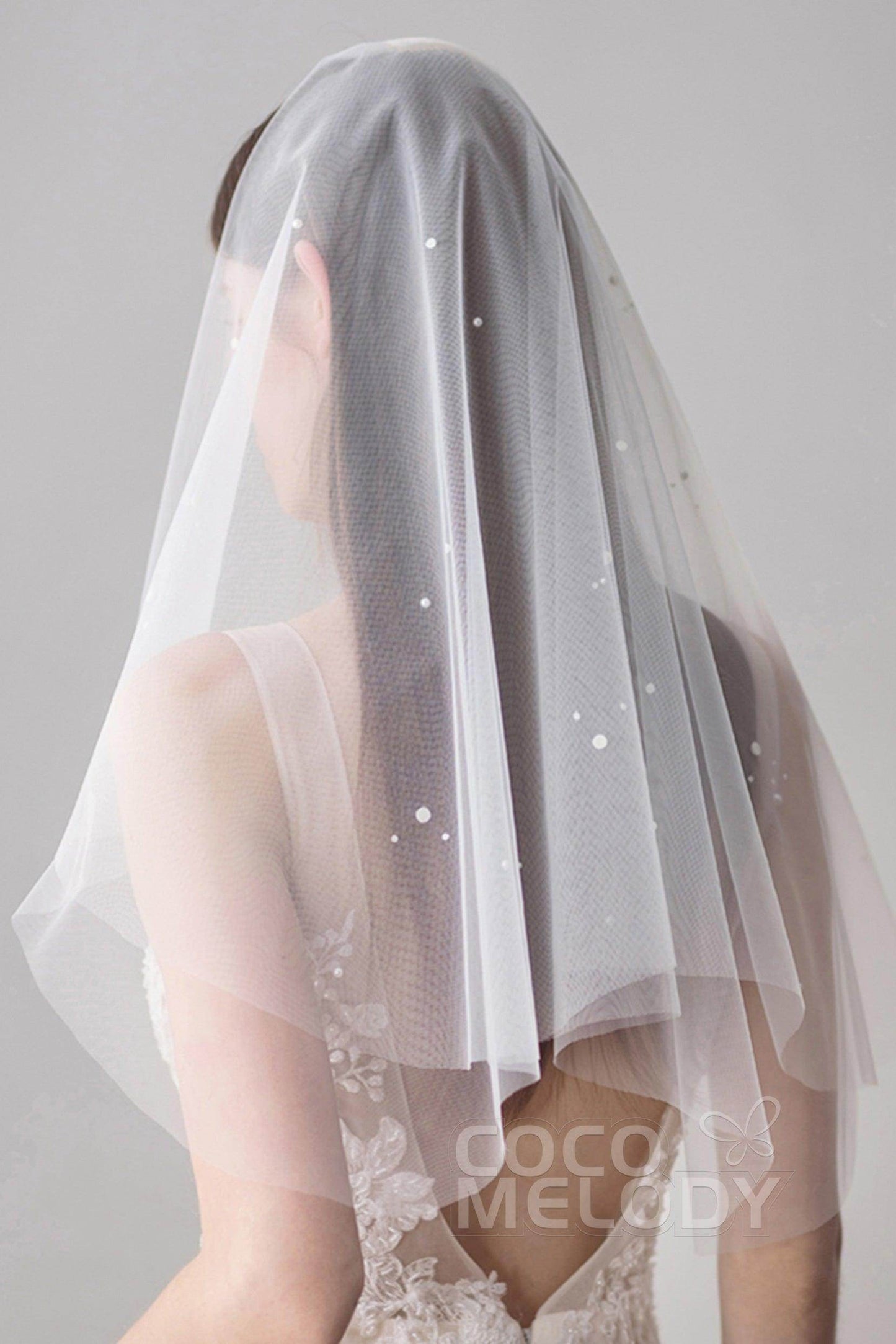 Two-tier Cut Edge Tulle Elbow Veils with Pearls AV18029 - COCOMELODY