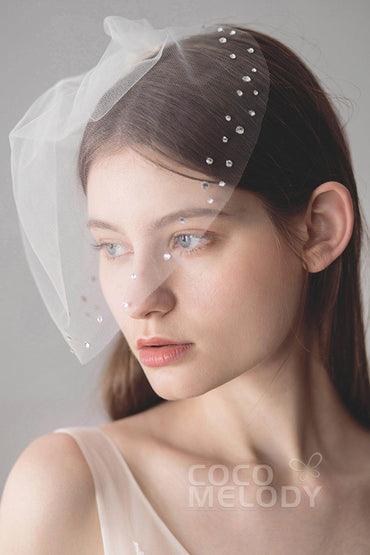 One-tier Cut Edge Tulle Blusher Veils Rhinestone AV18032 - COCOMELODY
