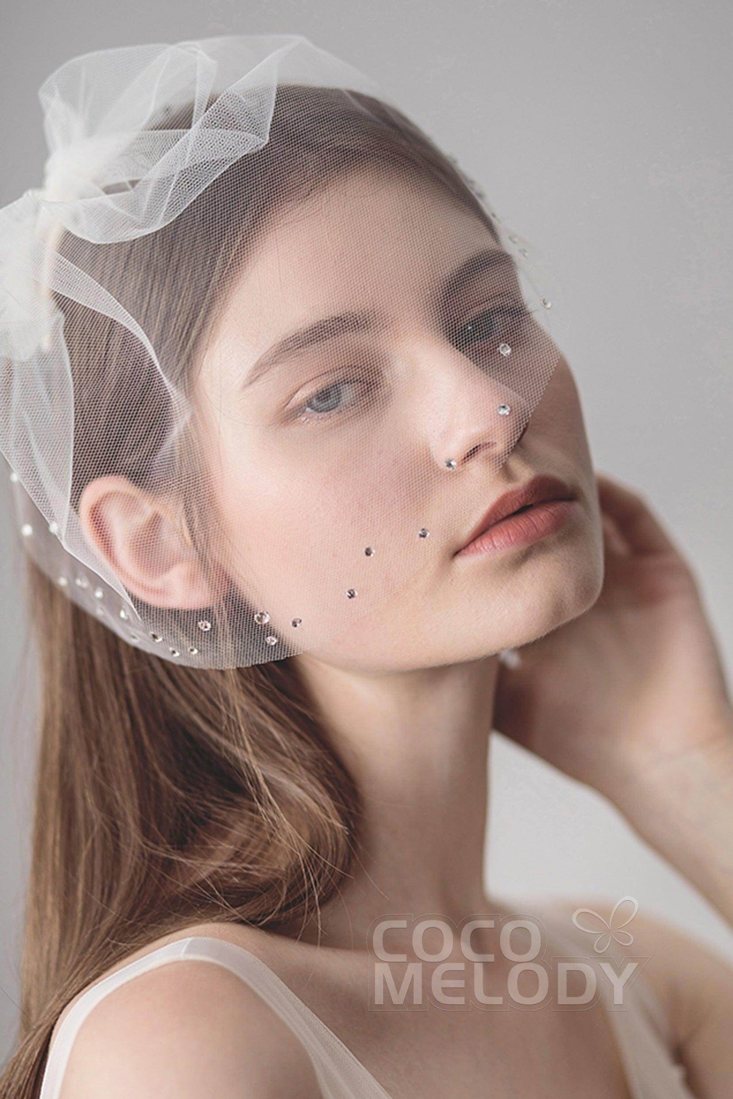One-tier Cut Edge Tulle Blusher Veils Rhinestone AV18032 - COCOMELODY