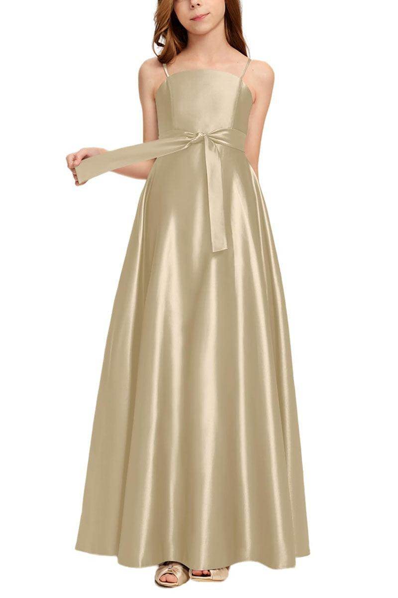 Satin Junior Bridesmaid Dress with Bow & Pockets B0C7KY63LX - COCOMELODY