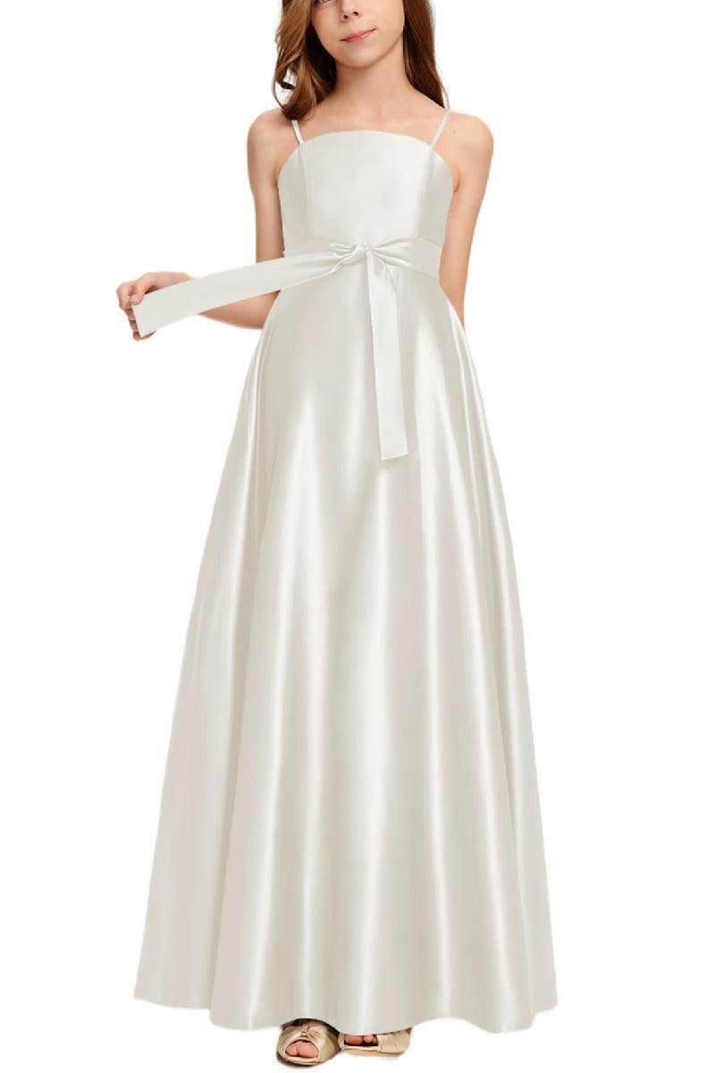 Satin Junior Bridesmaid Dress with Bow & Pockets B0C7KY63LX - COCOMELODY