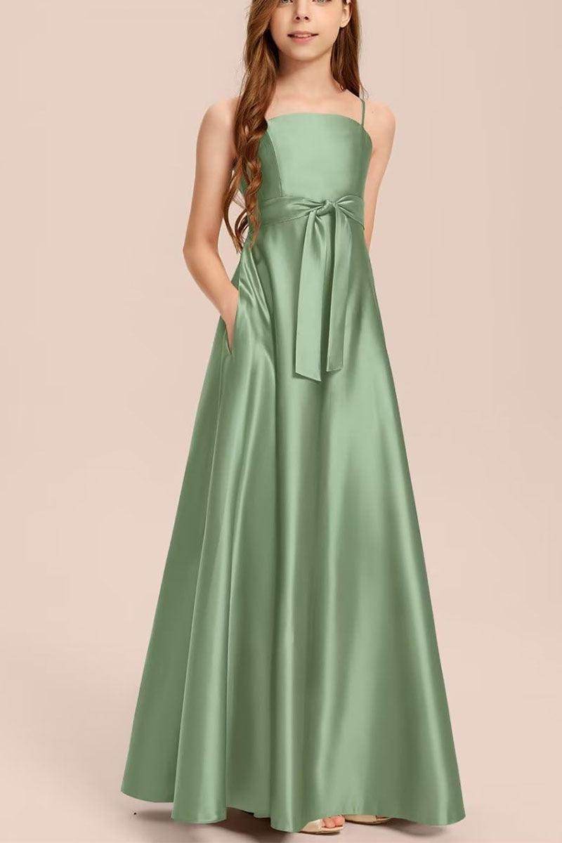 Satin Junior Bridesmaid Dress with Bow & Pockets B0C7KY63LX - COCOMELODY