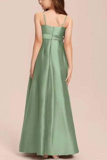 Satin Junior Bridesmaid Dress with Bow & Pockets B0C7KY63LXCR - COCOMELODY