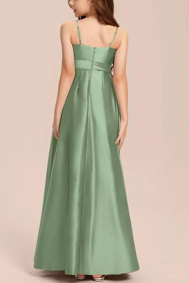 Satin Junior Bridesmaid Dress with Bow & Pockets B0C7KY63LXCR - COCOMELODY