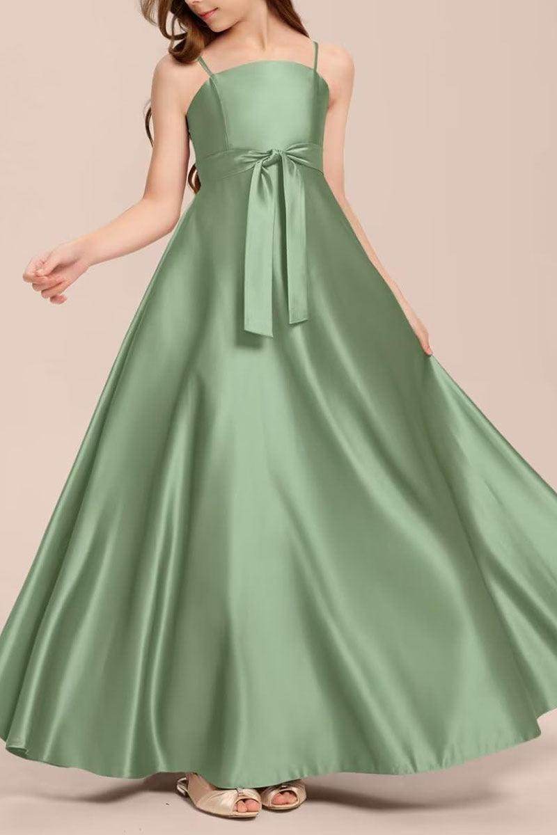 Satin Junior Bridesmaid Dress with Bow & Pockets B0C7KY63LX - COCOMELODY