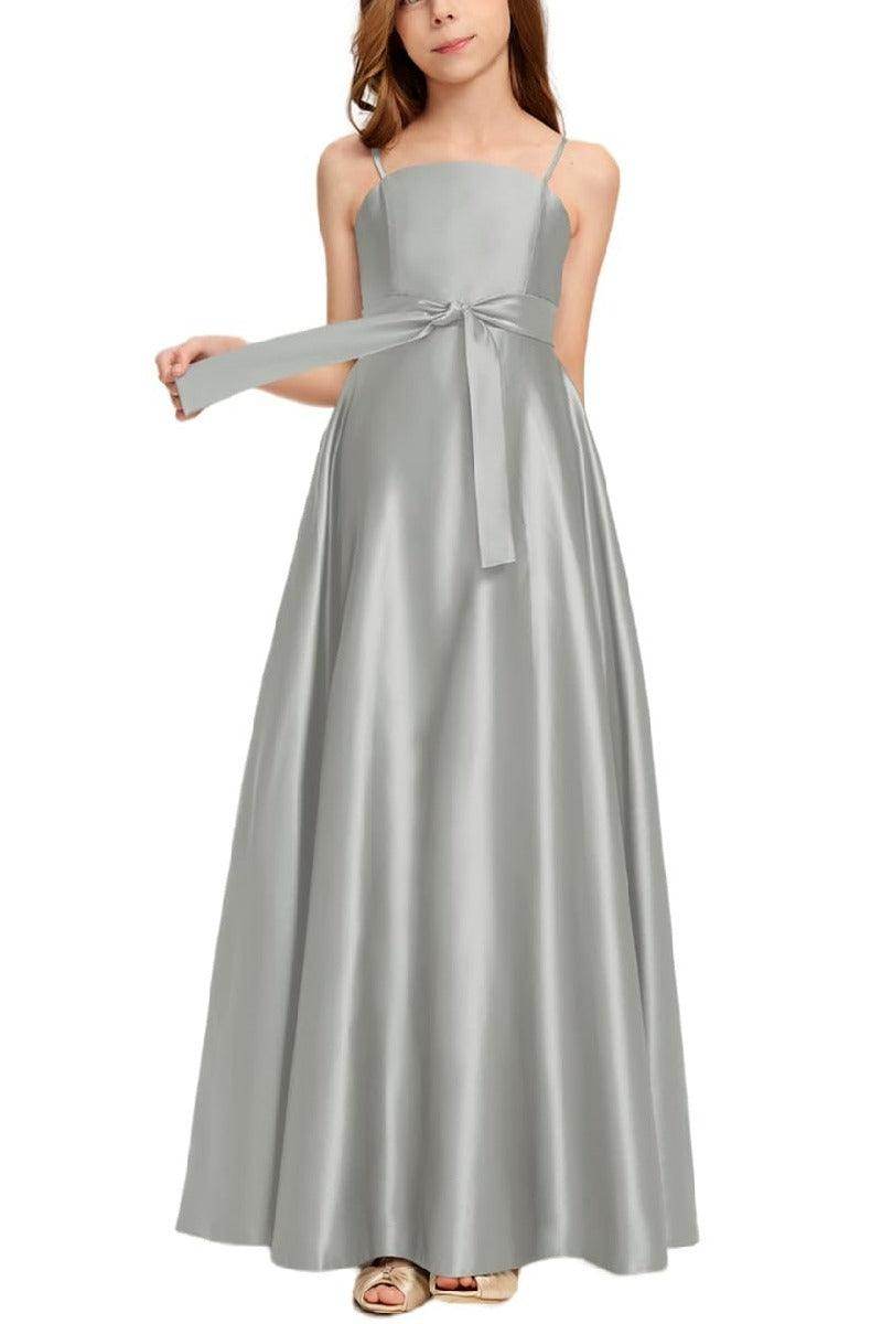 Satin Junior Bridesmaid Dress with Bow & Pockets B0C7KY63LX - COCOMELODY