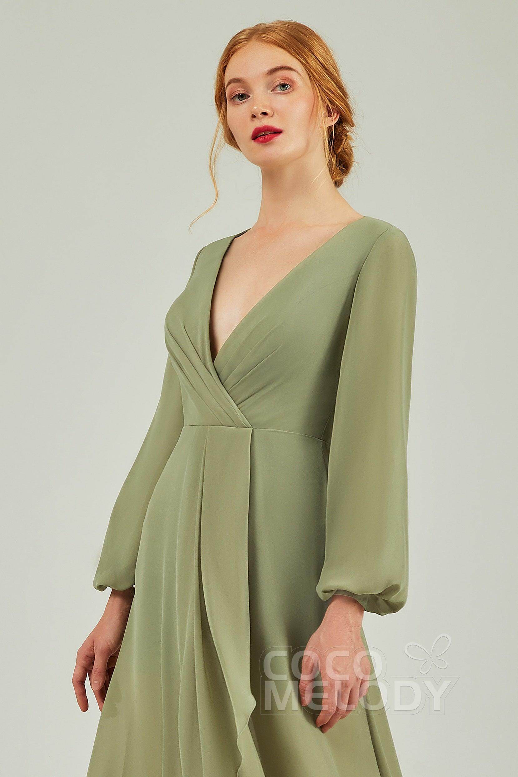 Asymmetrical Sweep-Brush Chiffon Bridesmaid Dress Formal Dresses CB0239CR - COCOMELODY