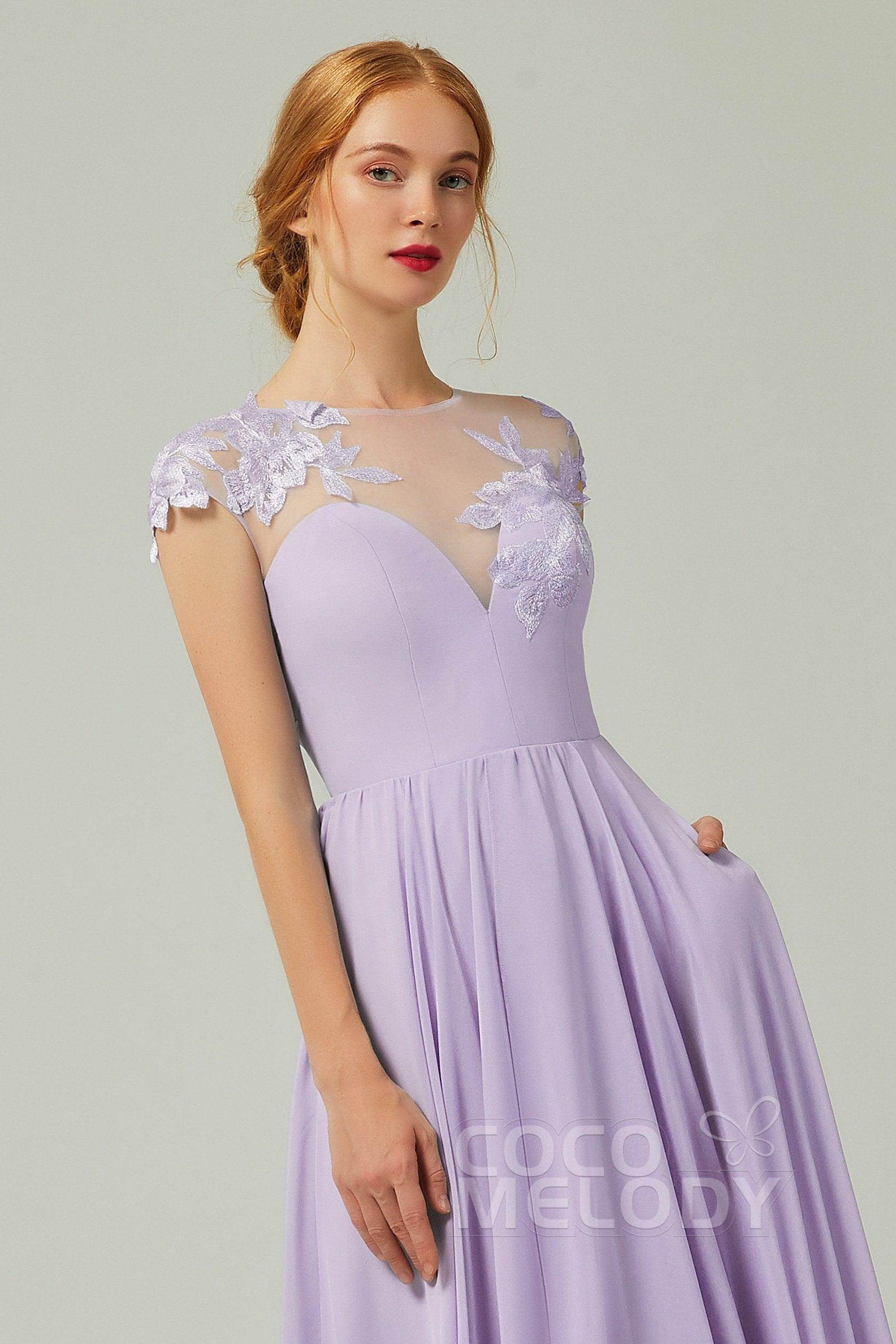 A-Line Sweep-Brush-Train Chiffon Bridesmaid Dress CB0248PS - COCOMELODY