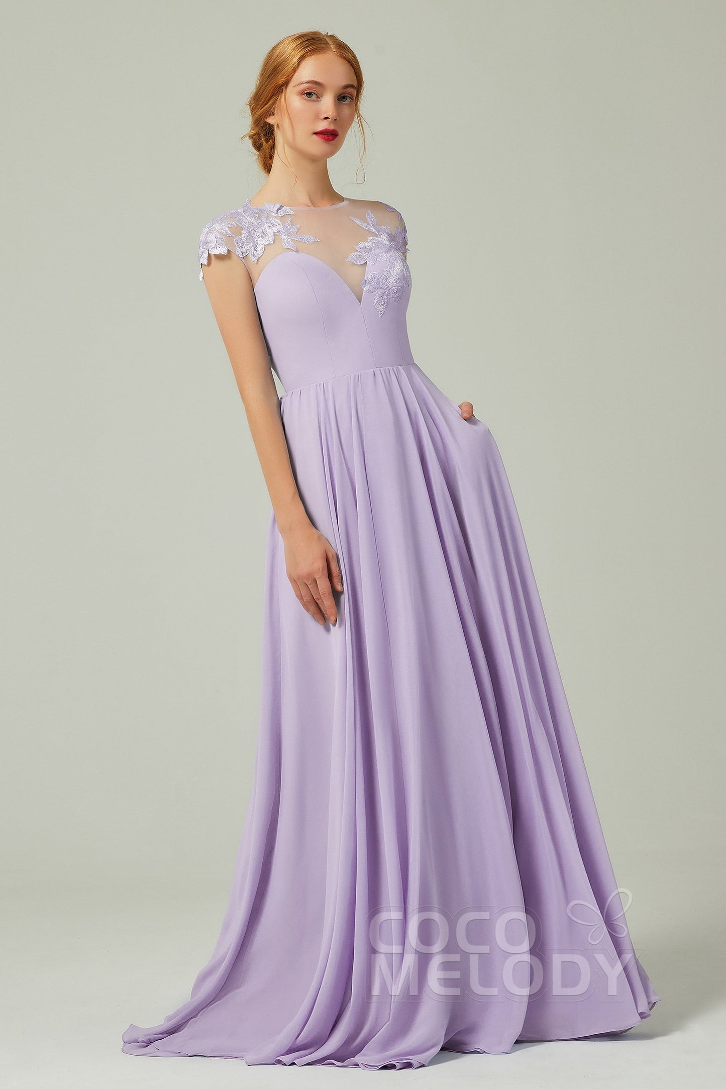 A-Line Sweep-Brush-Train Chiffon Bridesmaid Dress CB0248CR