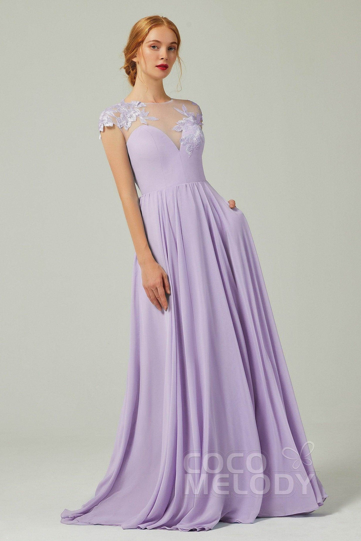 A-Line Sweep-Brush-Train Chiffon Bridesmaid Dress CB0248CR - COCOMELODY