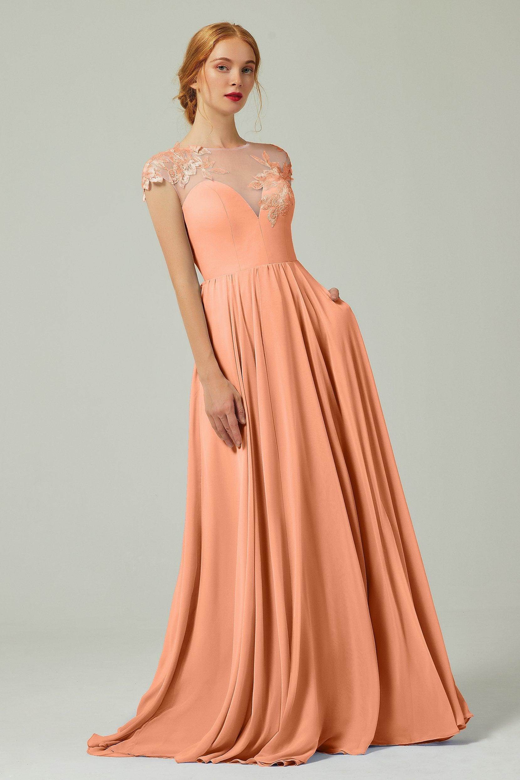 A-Line Sweep-Brush-Train Chiffon Bridesmaid Dress CB0248PS - COCOMELODY