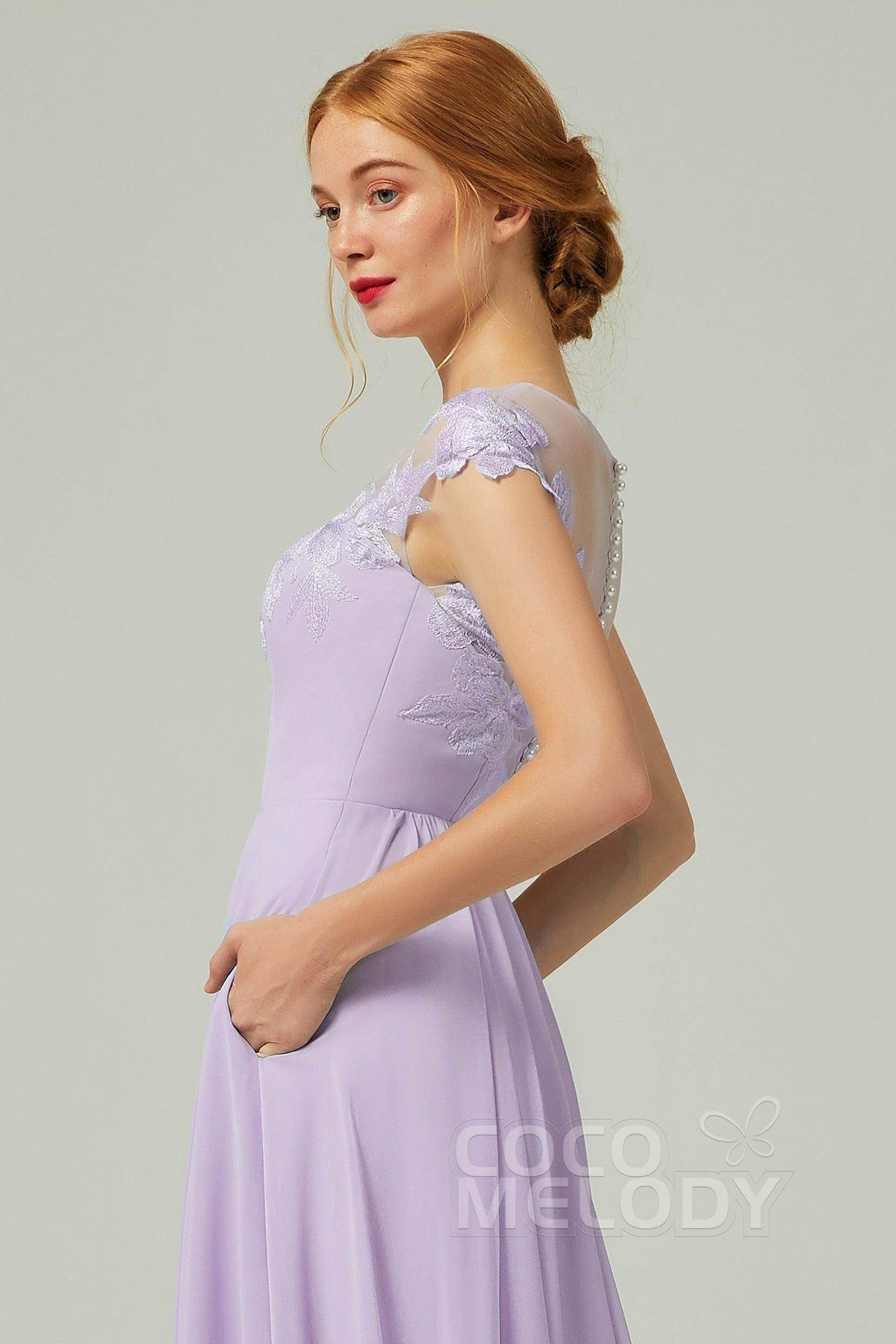 A-Line Sweep-Brush-Train Chiffon Bridesmaid Dress CB0248PS - COCOMELODY