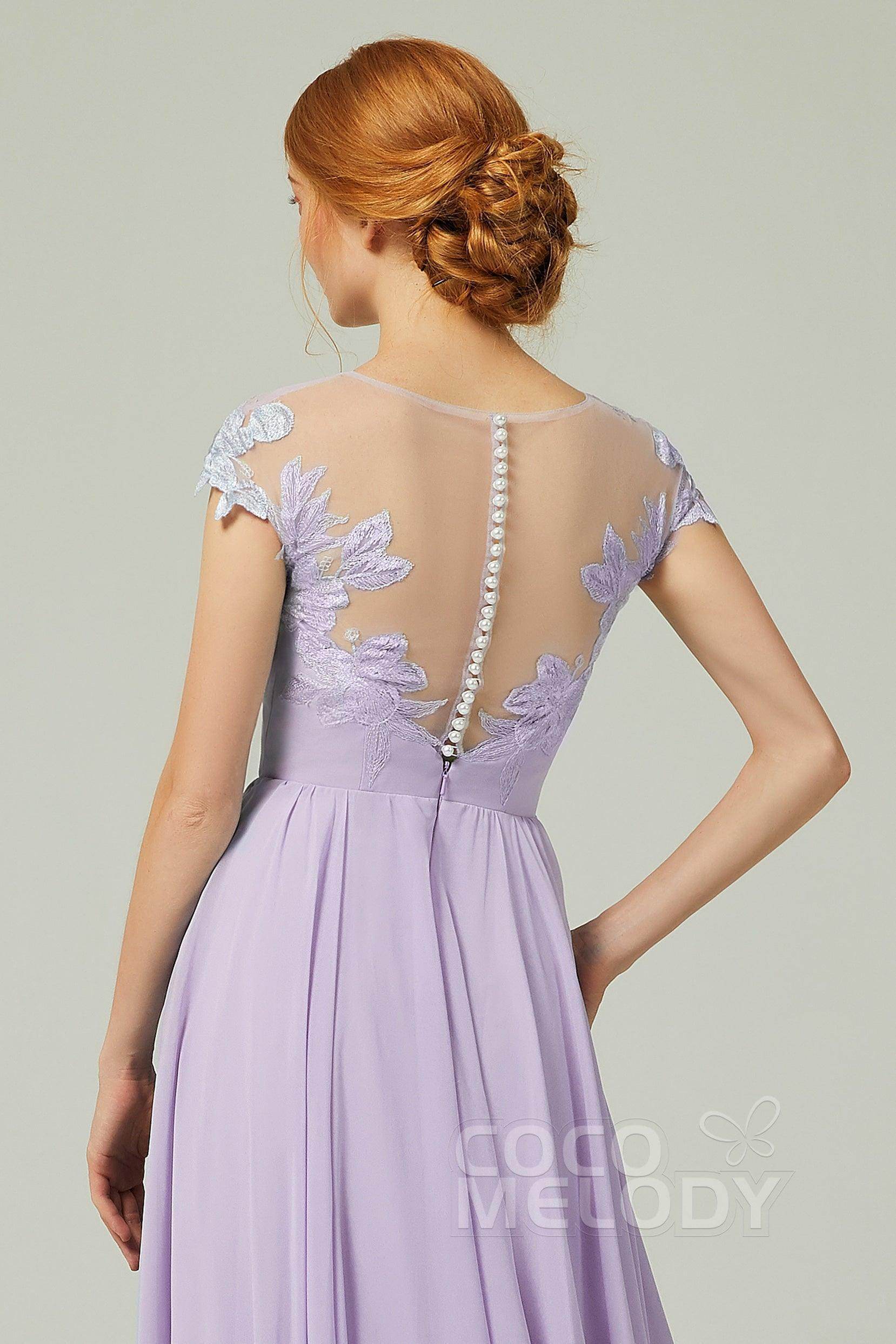 A-Line Sweep-Brush-Train Chiffon Bridesmaid Dress CB0248PS - COCOMELODY