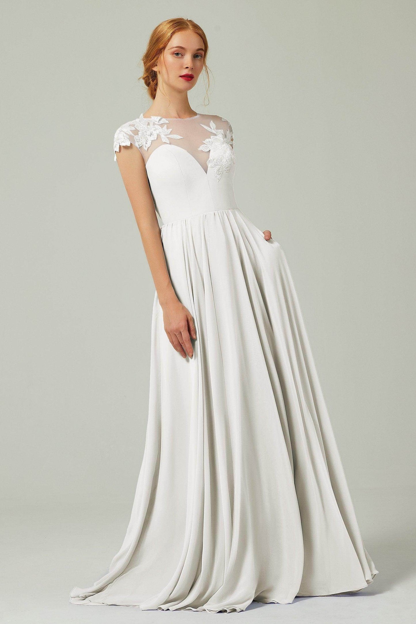 A-Line Sweep-Brush-Train Chiffon Bridesmaid Dress CB0248PS - COCOMELODY