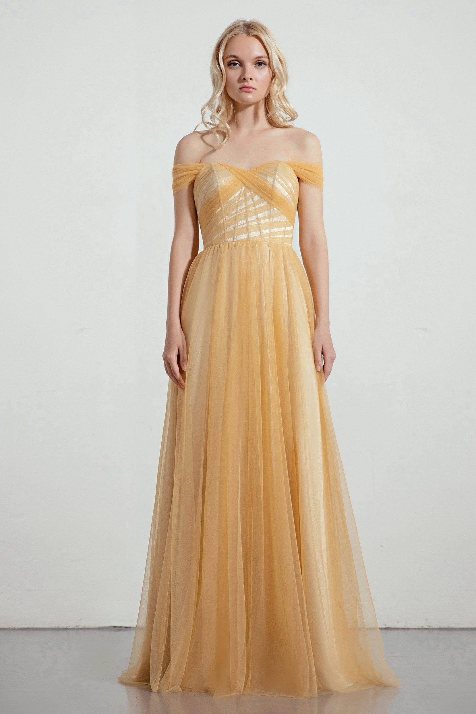 Sweep-Brush Train Tulle Off the Shoulder Bridesmaid Dress COCOMELODY CB0261, Steel Grey