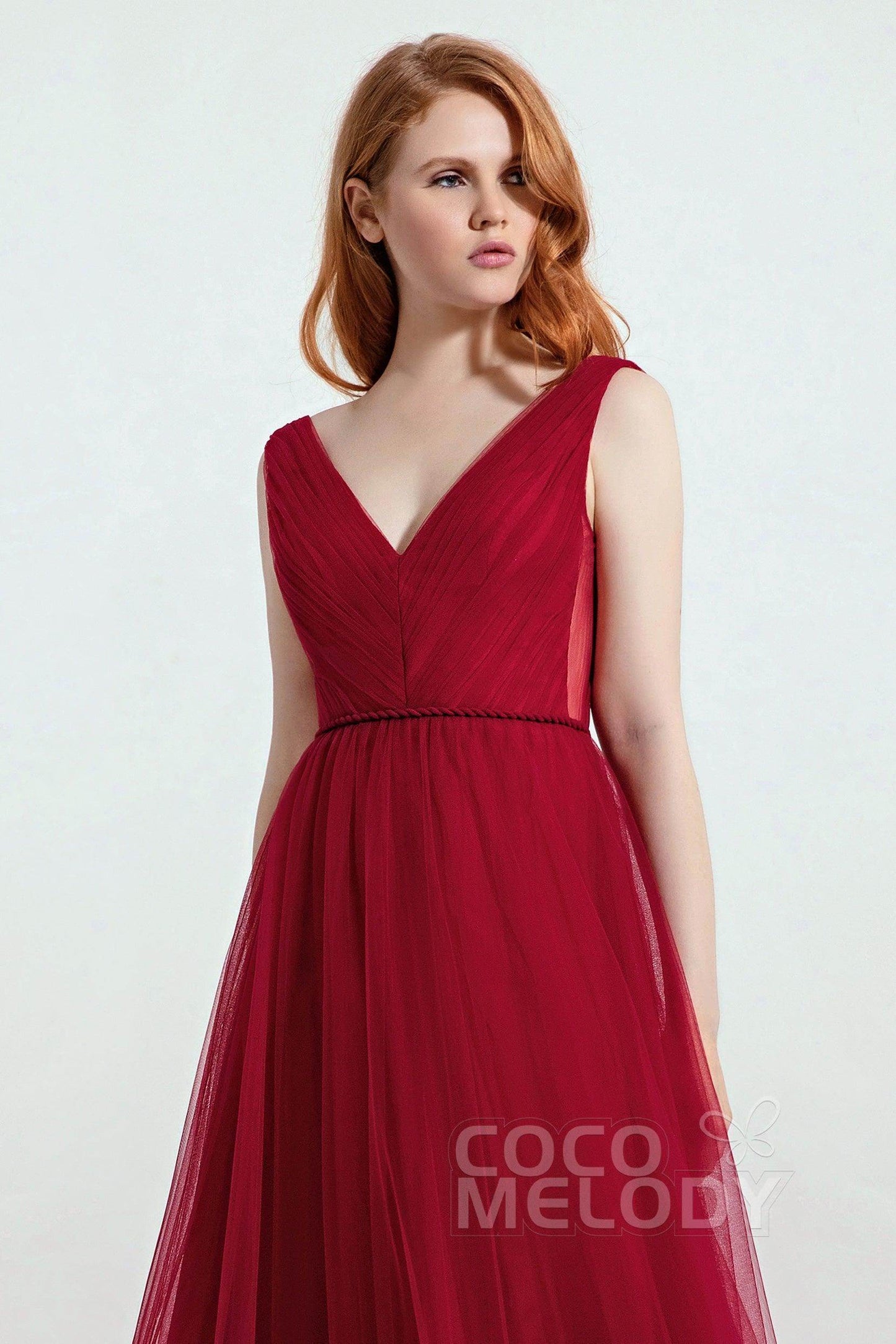 A-Line Sweep-Brush Train Tulle Bridesmaid Dress CB0263 - COCOMELODY