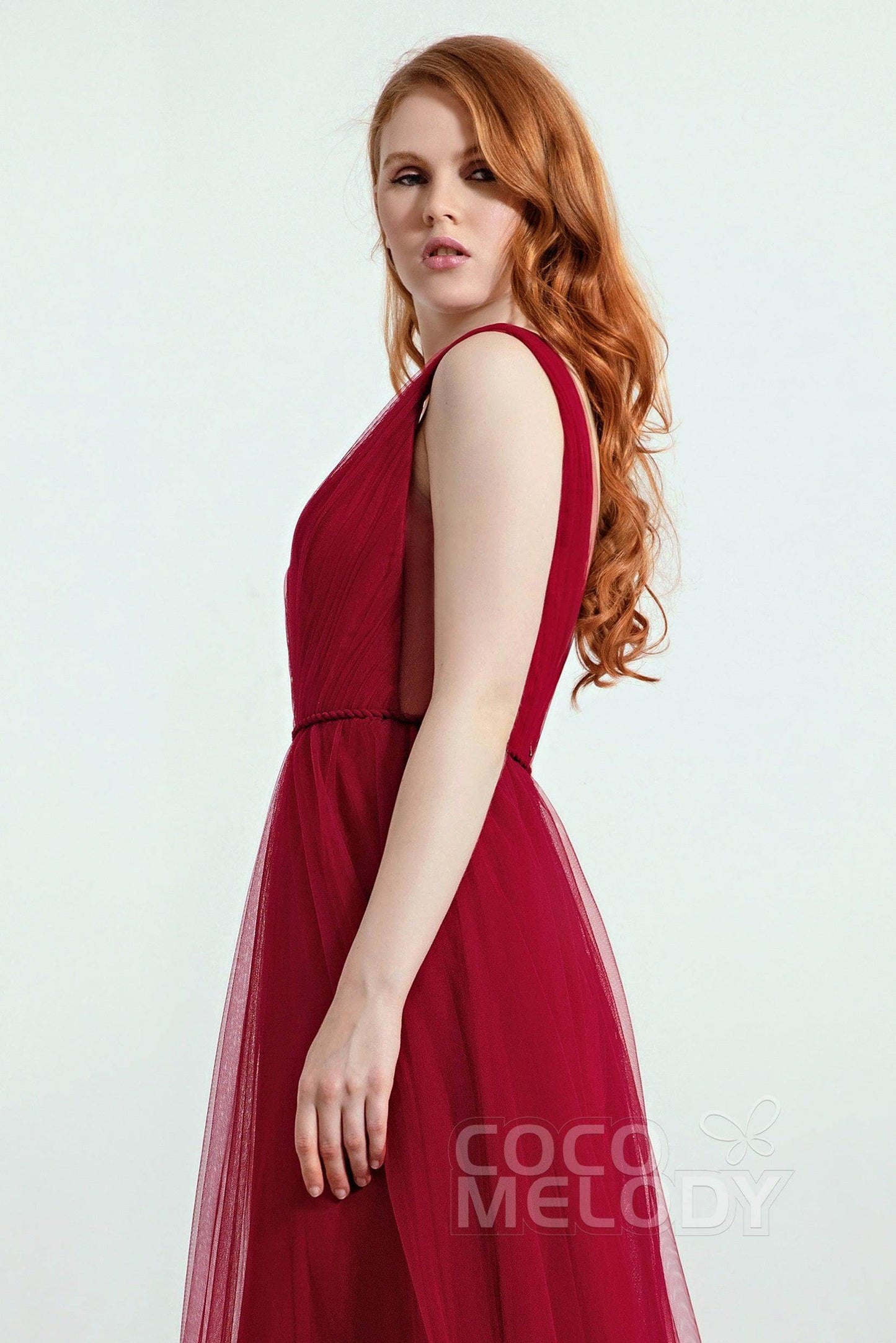 A-Line Sweep-Brush Train Tulle Bridesmaid Dress CB0263 - COCOMELODY