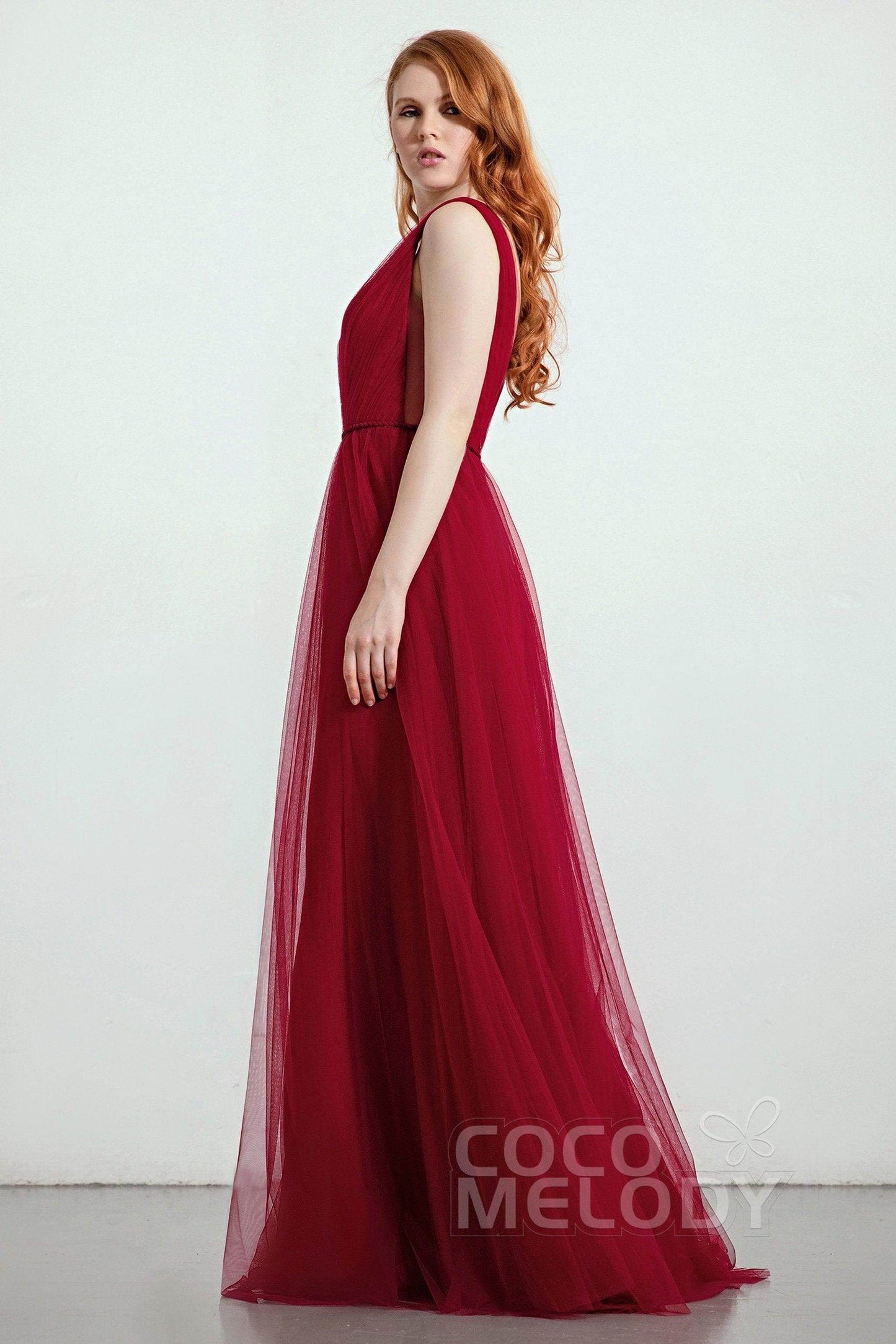 A-Line Sweep-Brush Train Tulle Bridesmaid Dress CB0263 - COCOMELODY