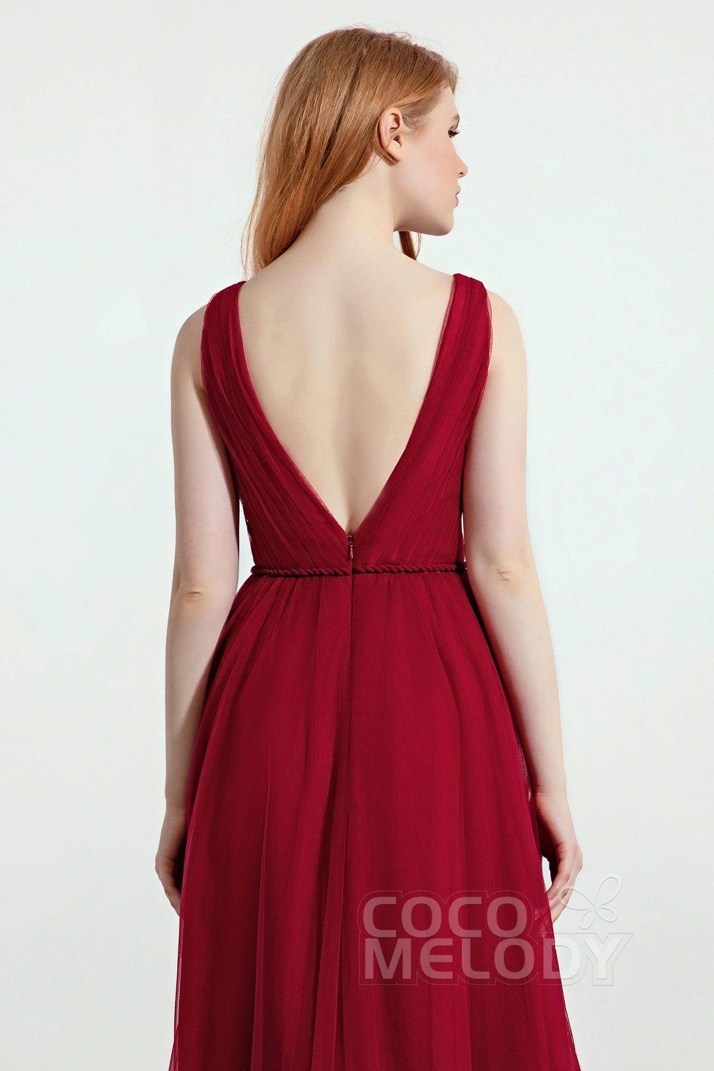 A-Line Sweep-Brush Train Tulle Bridesmaid Dress CB0263 - COCOMELODY