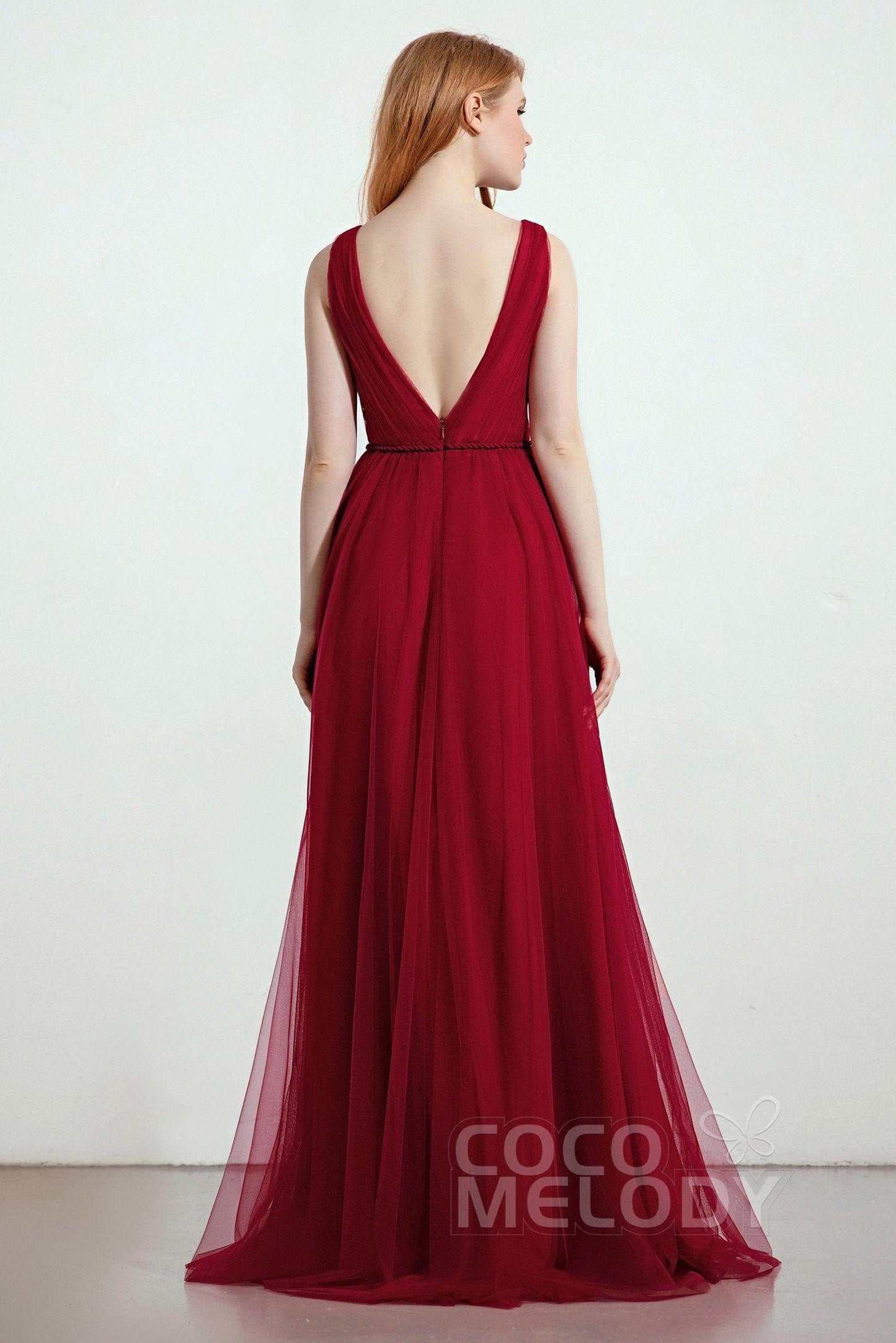A-Line Sweep-Brush Train Tulle Bridesmaid Dress CB0263 - COCOMELODY