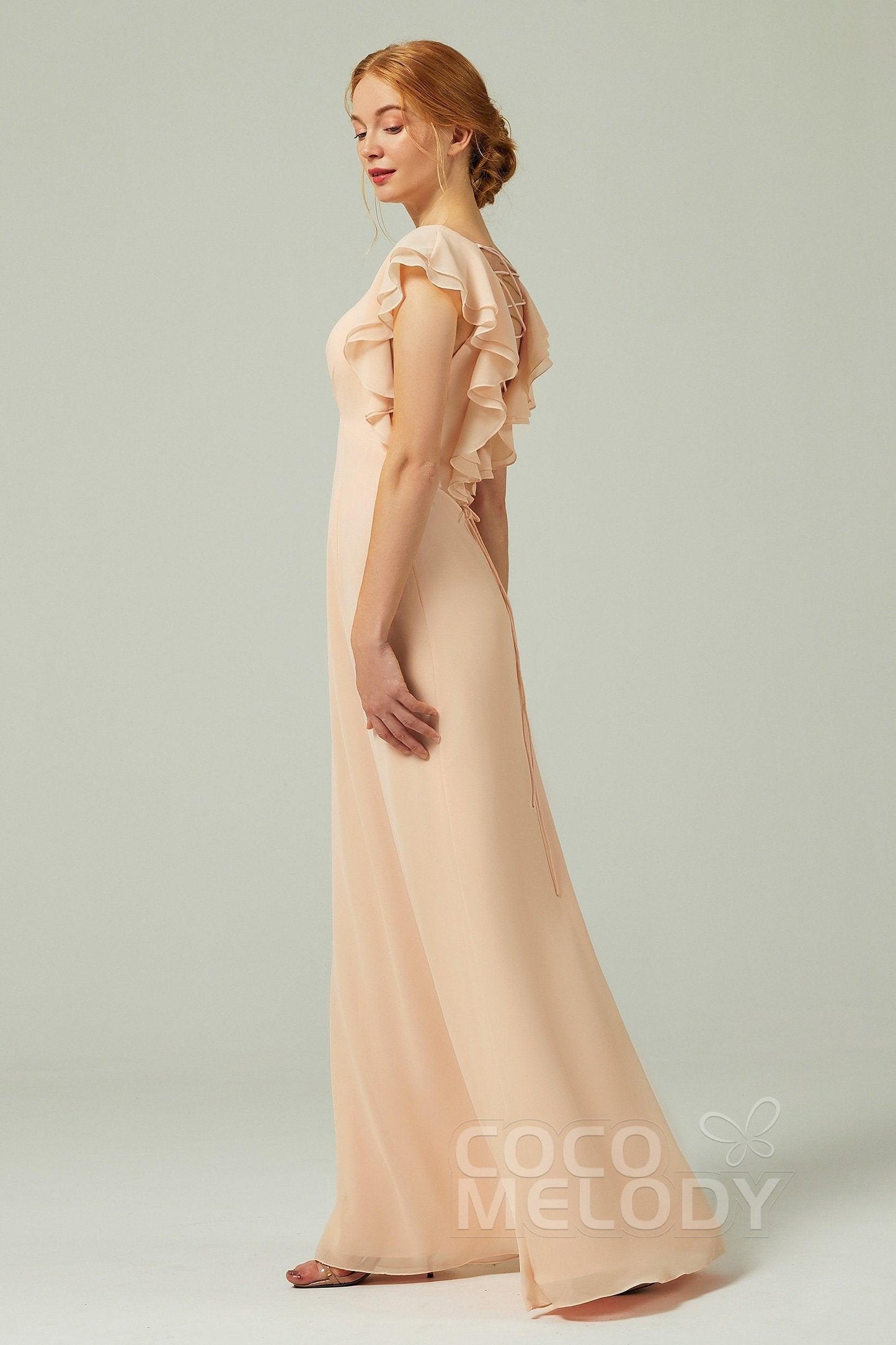 Sheath-Column Floor Length Chiffon Bridesmaid Dress CB0304CR - COCOMELODY