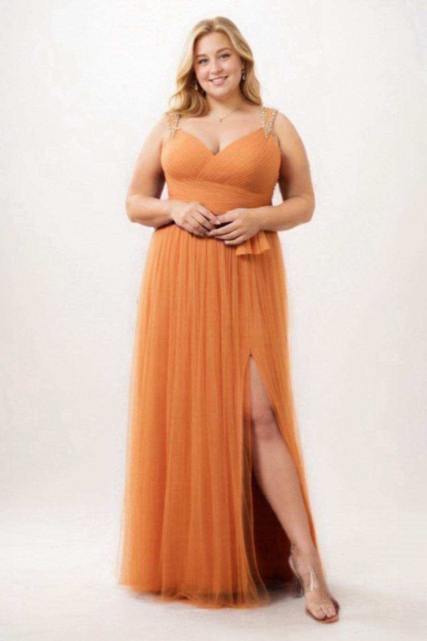 Chic Straps Tulle Plus Size Bridesmaid Dresses with Slit COCOMELODYCB0313PS, Dark Navy Chic Straps Tulle Plus Size Bridesmaid Dresses with Slit COCOMELODYCB0313PS, Dark Navy