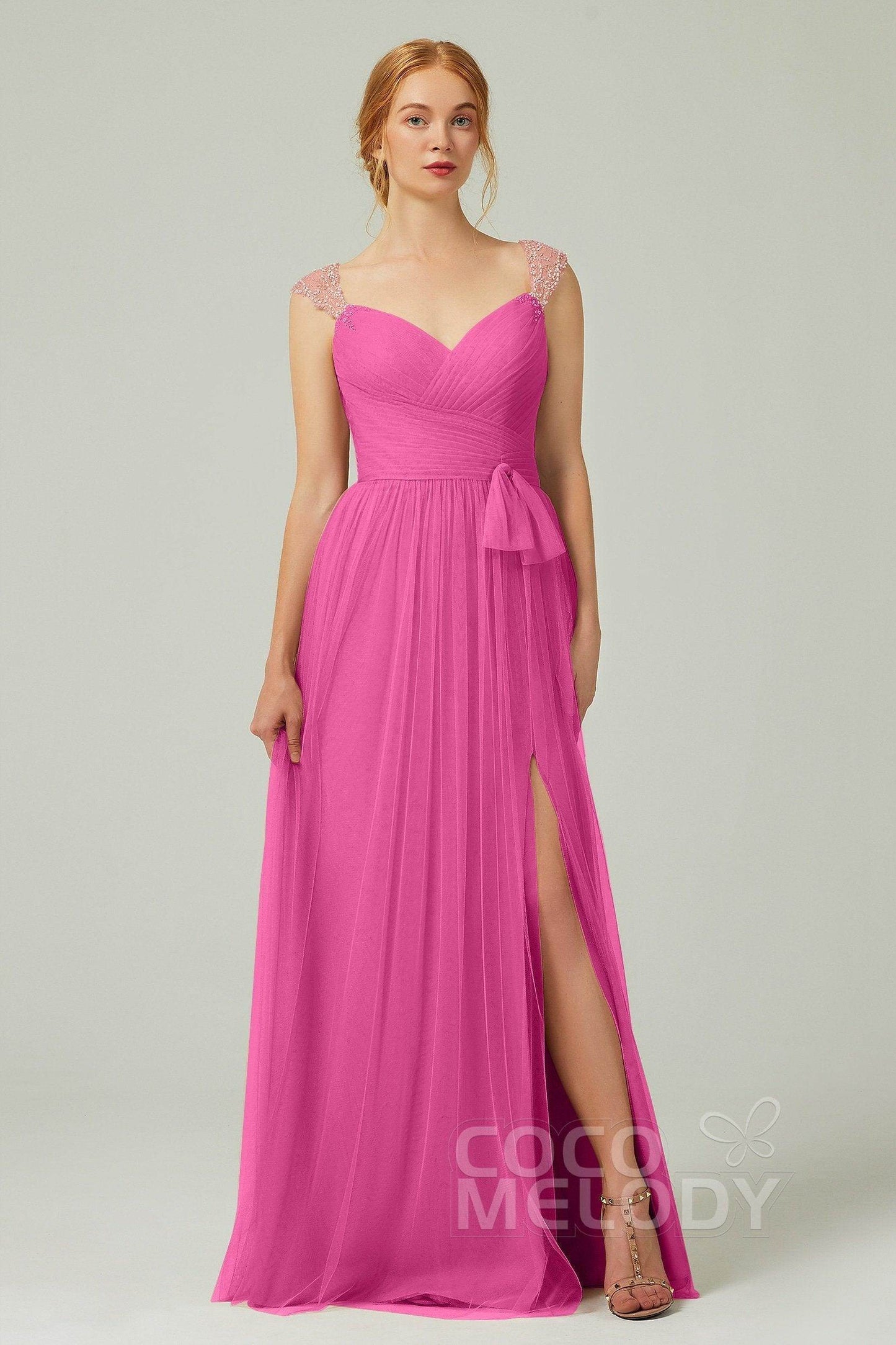 A-Line Floor Length Tulle Bridesmaid Dress CB0313PS - COCOMELODY