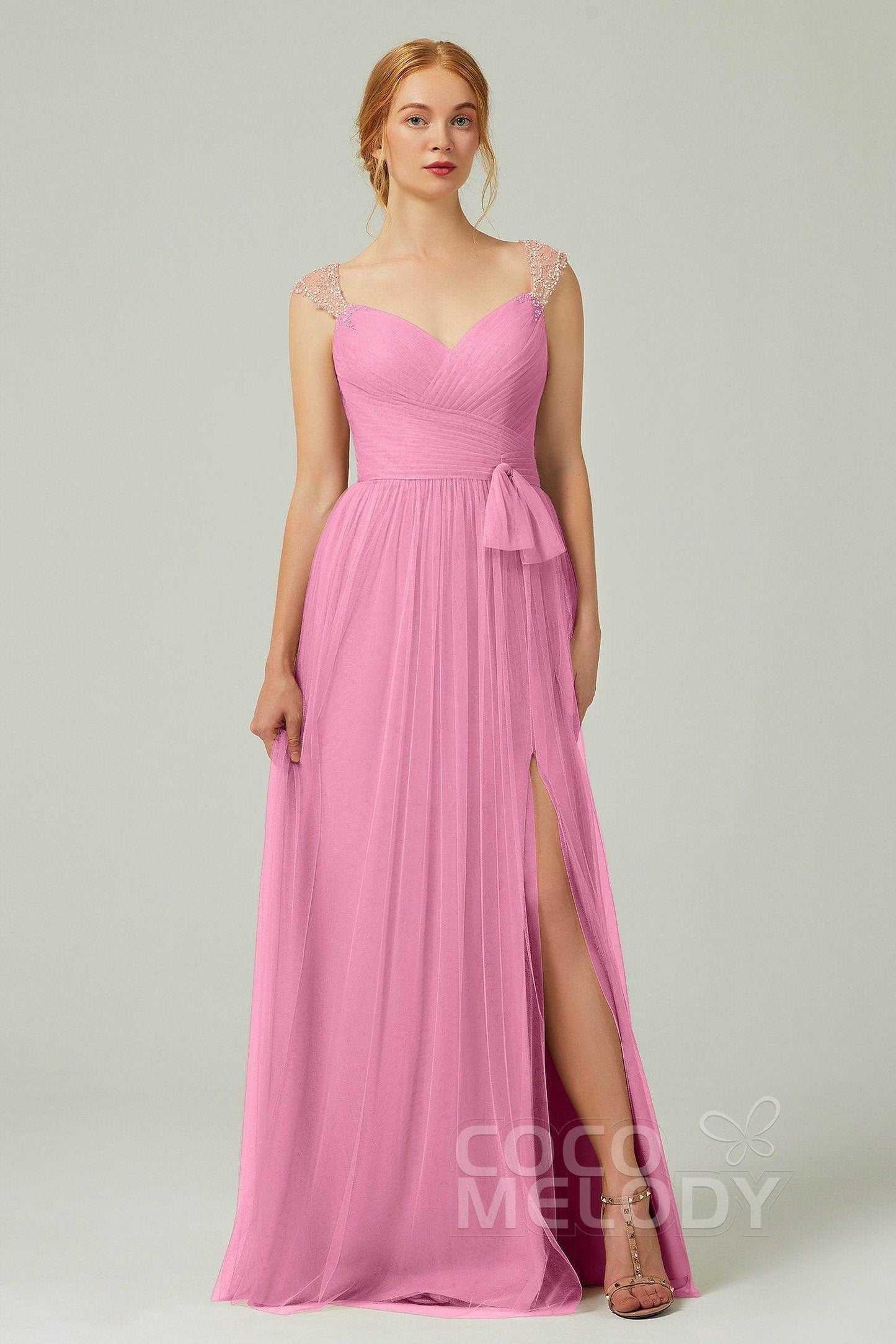A-Line Floor Length Tulle Bridesmaid Dress CB0313PS - COCOMELODY
