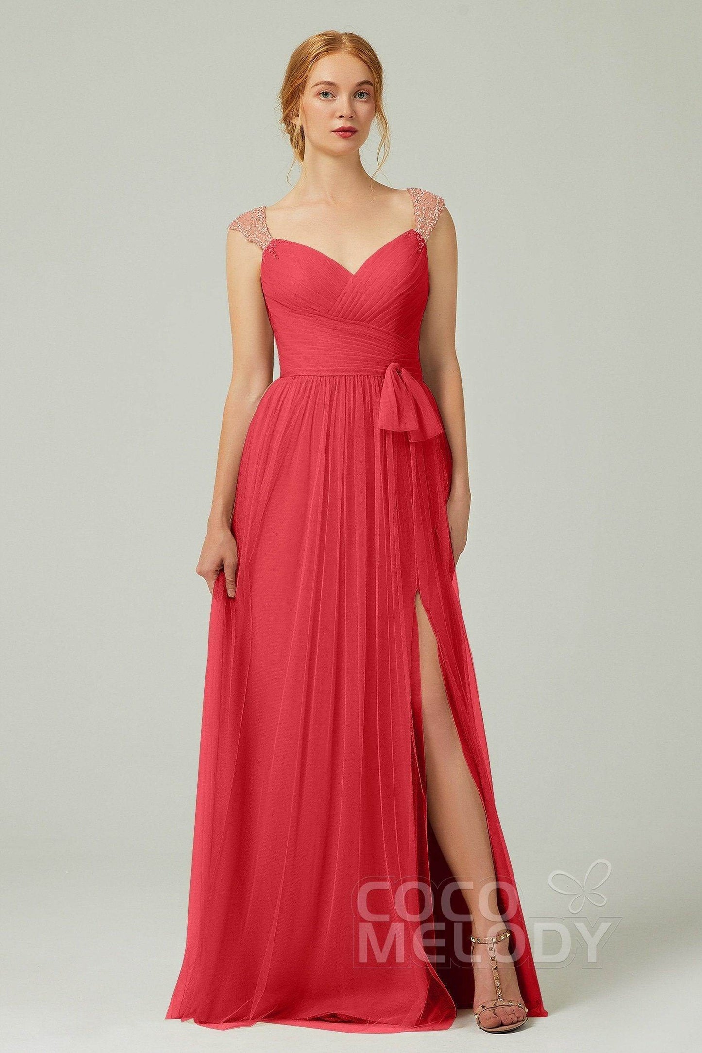 A-Line Floor Length Tulle Bridesmaid Dress CB0313PS - COCOMELODY