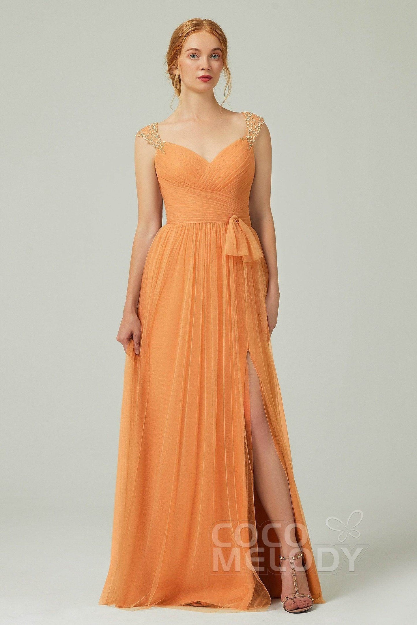 A-Line Floor Length Tulle Bridesmaid Dress CB0313PS - COCOMELODY