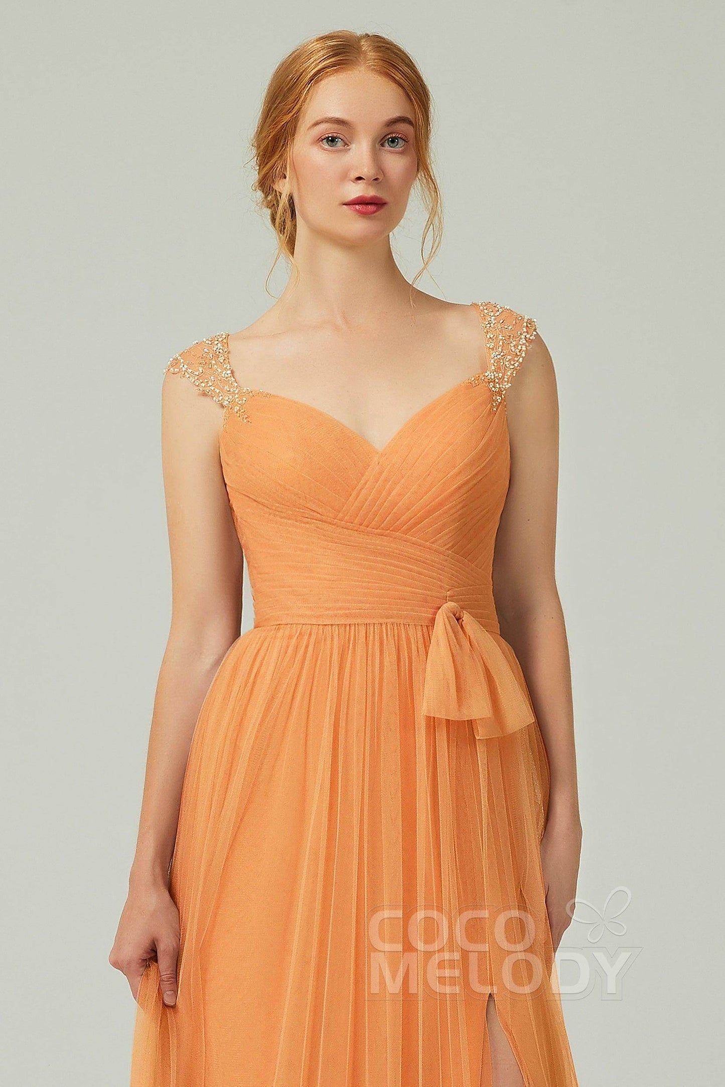 A-Line Floor Length Tulle Bridesmaid Dress CB0313PS - COCOMELODY