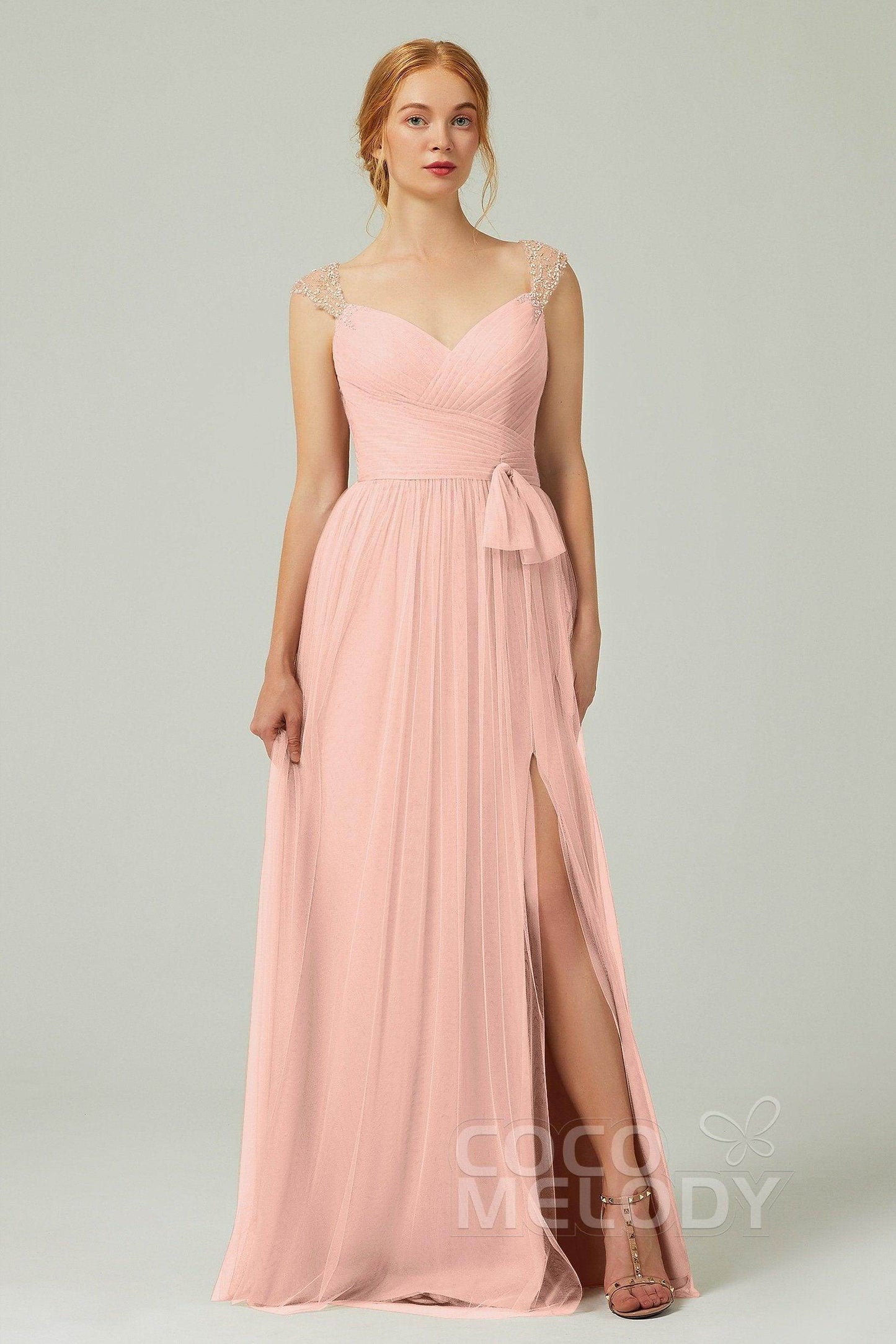 A-Line Floor Length Tulle Bridesmaid Dress CB0313PS - COCOMELODY