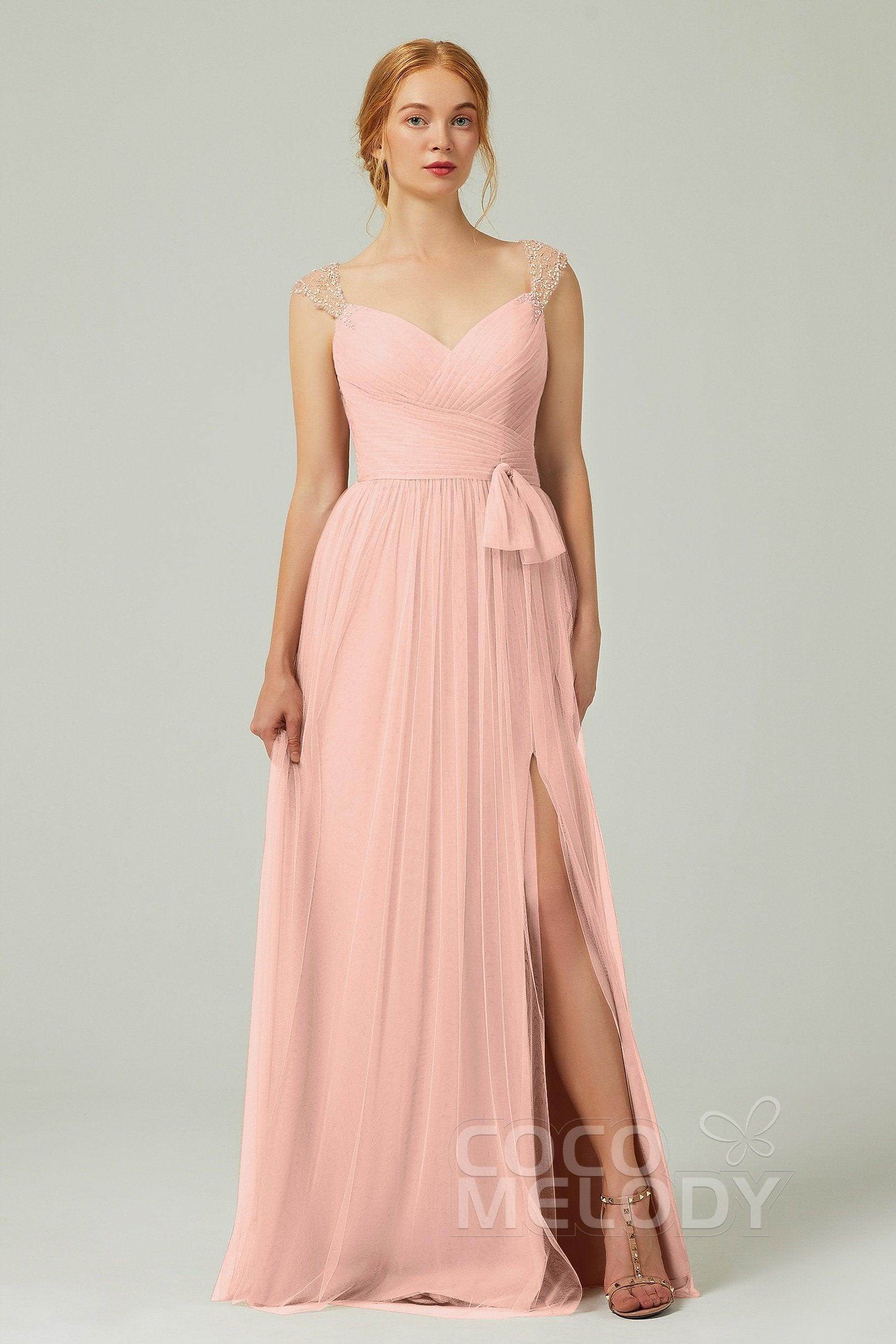 A-Line Floor Length Tulle Bridesmaid Dress CB0313PS - COCOMELODY
